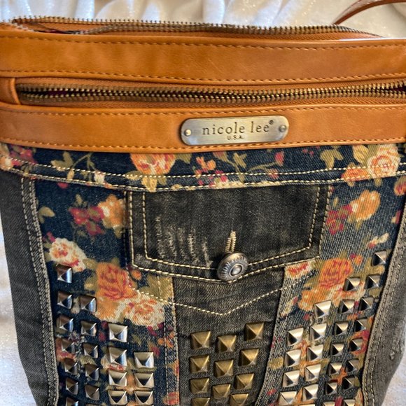 Designer Nicole Lee Denim Leather Crossbody Bag Purse Embellished - Picture 5 of 6